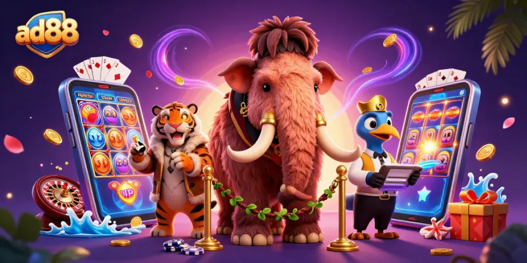 Immerse in the vibrant ad88 casino world with a woolly mammoth bouncer checking IDs.