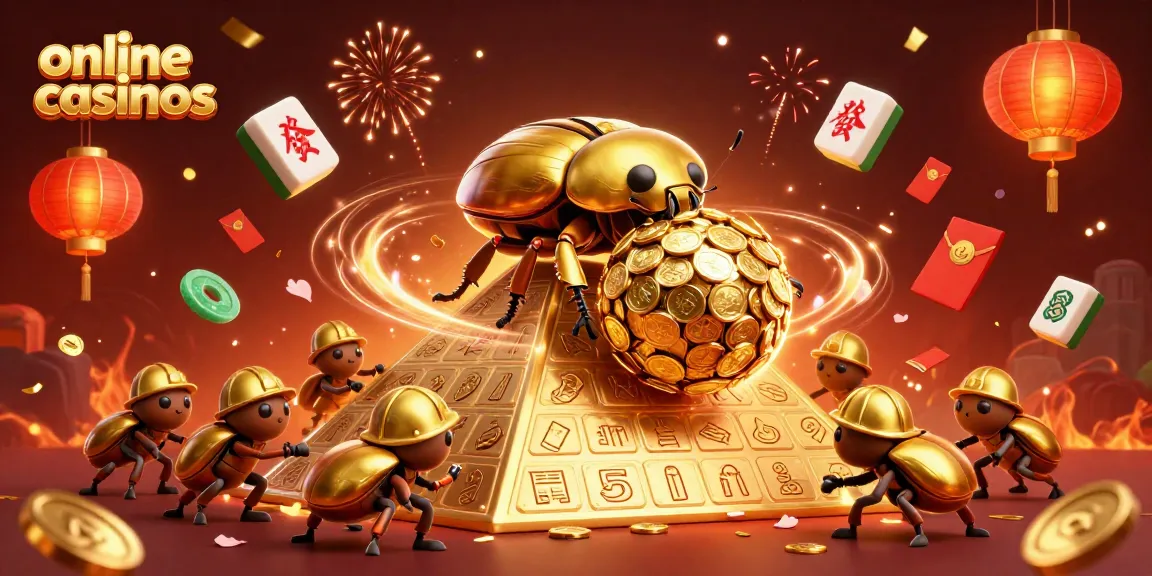 Experience the thrill of online casinos with a vibrant 3D scene showcasing golden beetles and festive elements.