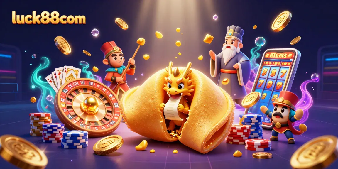 Engaging action at luck88com showcases a golden fortune cookie scene filled with vibrant casino elements.