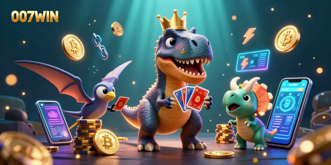 Engage with thrilling gameplay at 007WIN featuring a friendly T-Rex and dino companions amidst vibrant casino action.