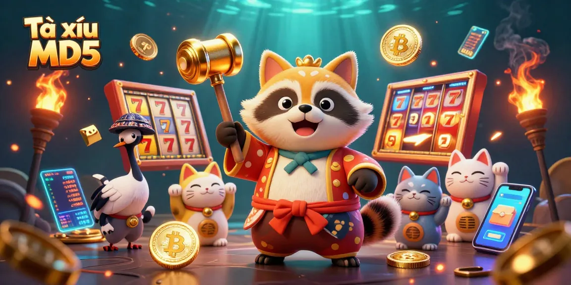 Engage in thrilling gameplay with Tài xỉu MD5, featuring cheerful tanuki and vibrant casino elements.
