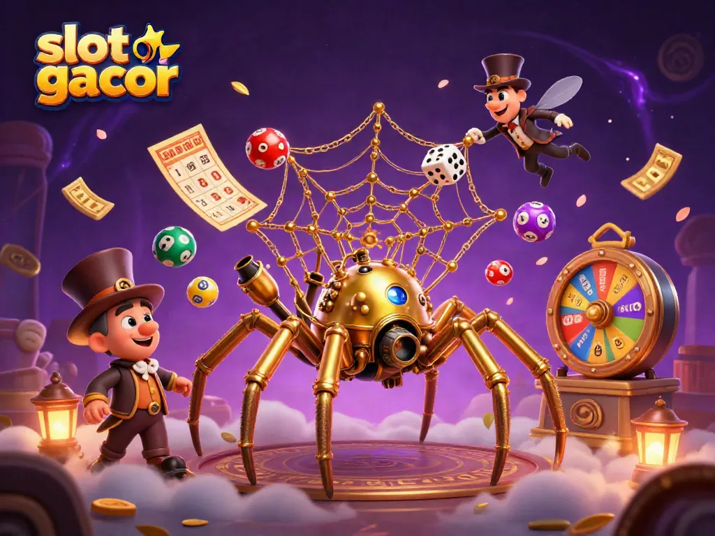 Menangkan slot gacor dengan keberuntungan, dikelilingi bola lotere dan jackpot berkilauan.