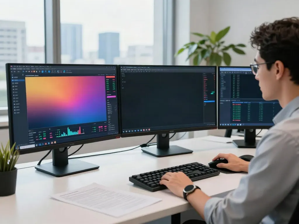 Trader analyzing tradingview官网 charts on multiple screens in a bright financial workspace.