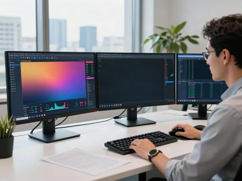 Trader analyzing tradingview官网 charts on multiple screens in a bright financial workspace.