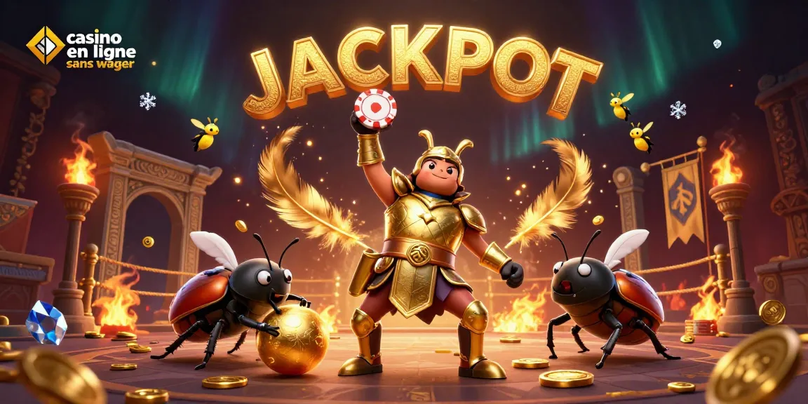 Gagner au casino en ligne sans wager avec un scarabée en armure et des feux follets illuminant le jackpot.