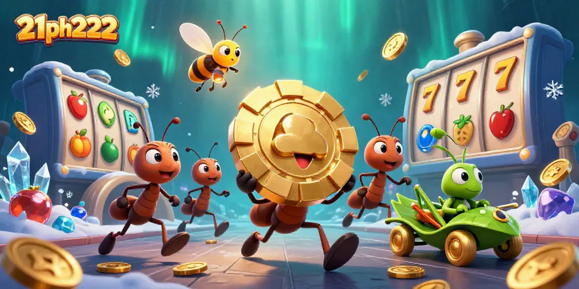 Experience the thrill of 21ph222 with a dynamic casino heist featuring ants, poker chips, and lively slot game elements.