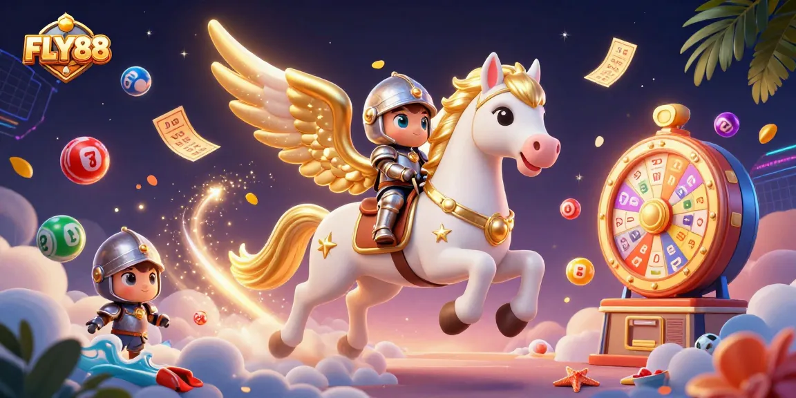 Engage with the vibrant gambling spirit of FLY88, illustrated through a dynamic 3D scene depicting a celestial horse and knight.