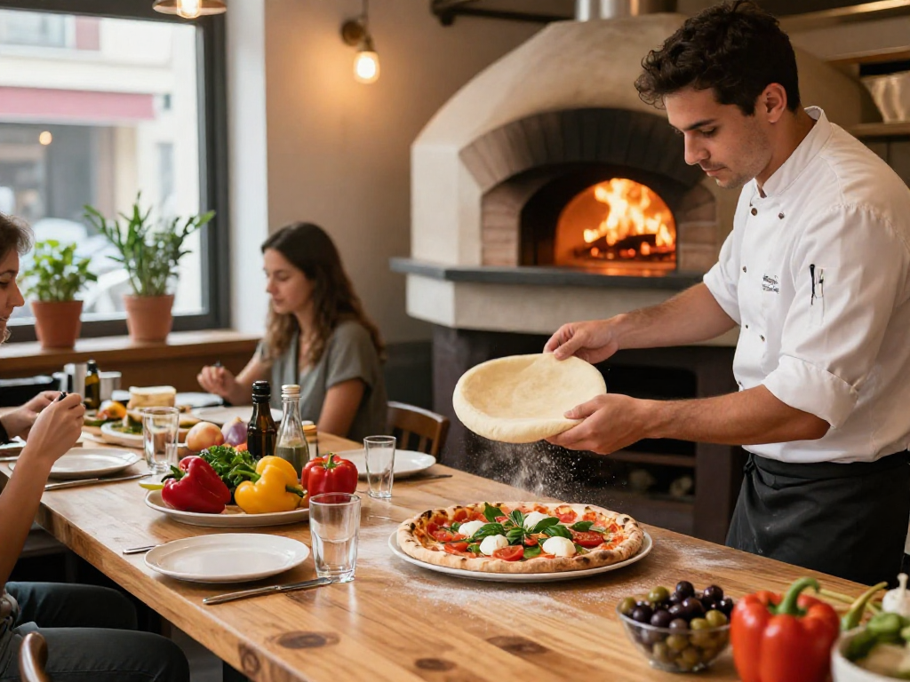 Chef skillfully tossing pizza dough in a cozy pizzeria, showcasing vibrant toppings and rustic atmosphere.