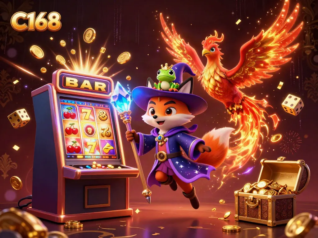 C168's vibrant gambling scene featuring a wizard fox, phoenix, and rich casino elements thrilling players.