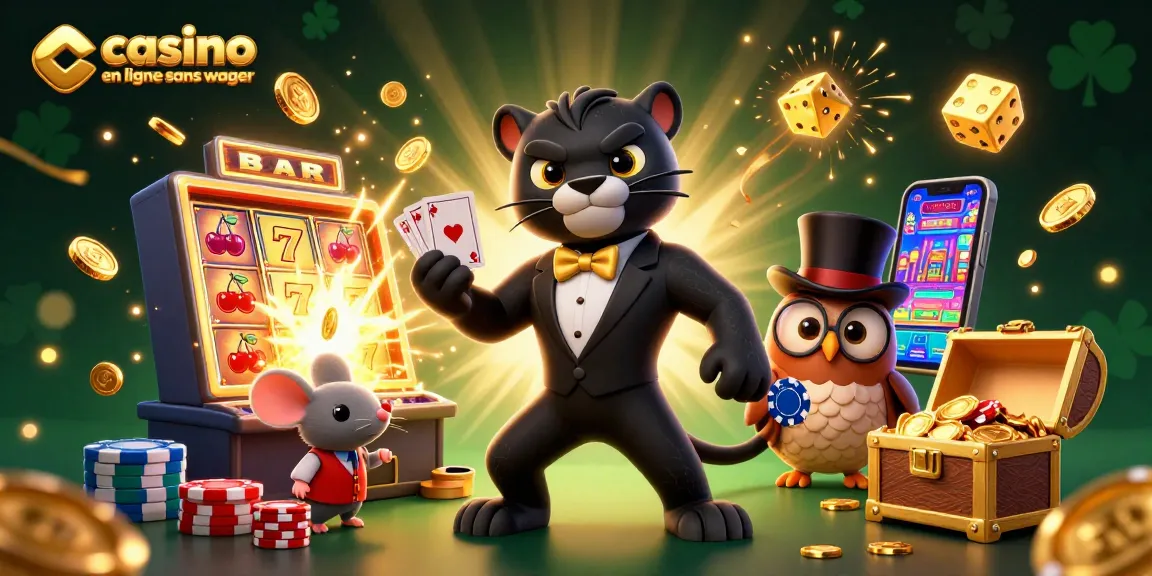Illustrez l'expérience de jeu avec le casino en ligne sans wager, mettant en scène un panthère élégante et un hibou chanceux avec des jetons de poker.