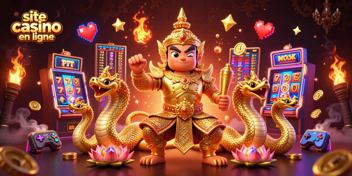 Jouez au site casino en ligne avec un yaksha en armure dorée au milieu de machines à sous colorées.