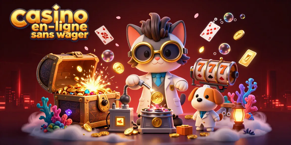 Illustration dynamique de casino en ligne sans wager avec un scientifique fou et son assistant, illustrant les machines à sous et les pièces d'or.