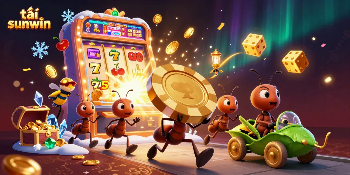Experience the thrill of tải sunwin with playful ants heisting a giant poker chip amidst an exciting casino scene.
