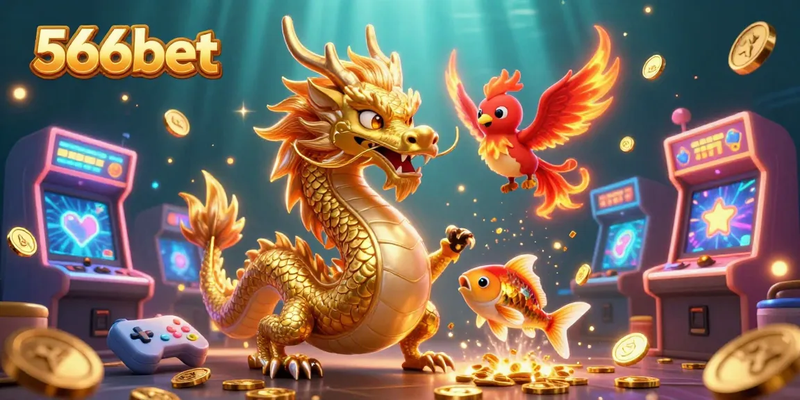 Engage with vibrant casino action at 566bet featuring a dragon, phoenix, and koi fish.