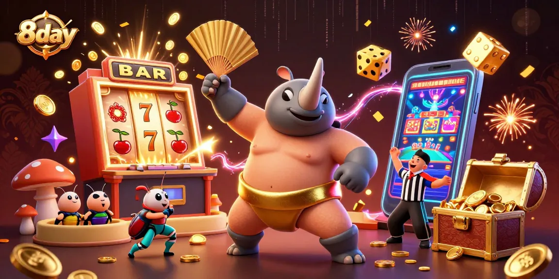 Engage with thrilling entertainment at 8day while witnessing a vibrant 3D digital illustration of a beetle championship with dramatic casino elements.