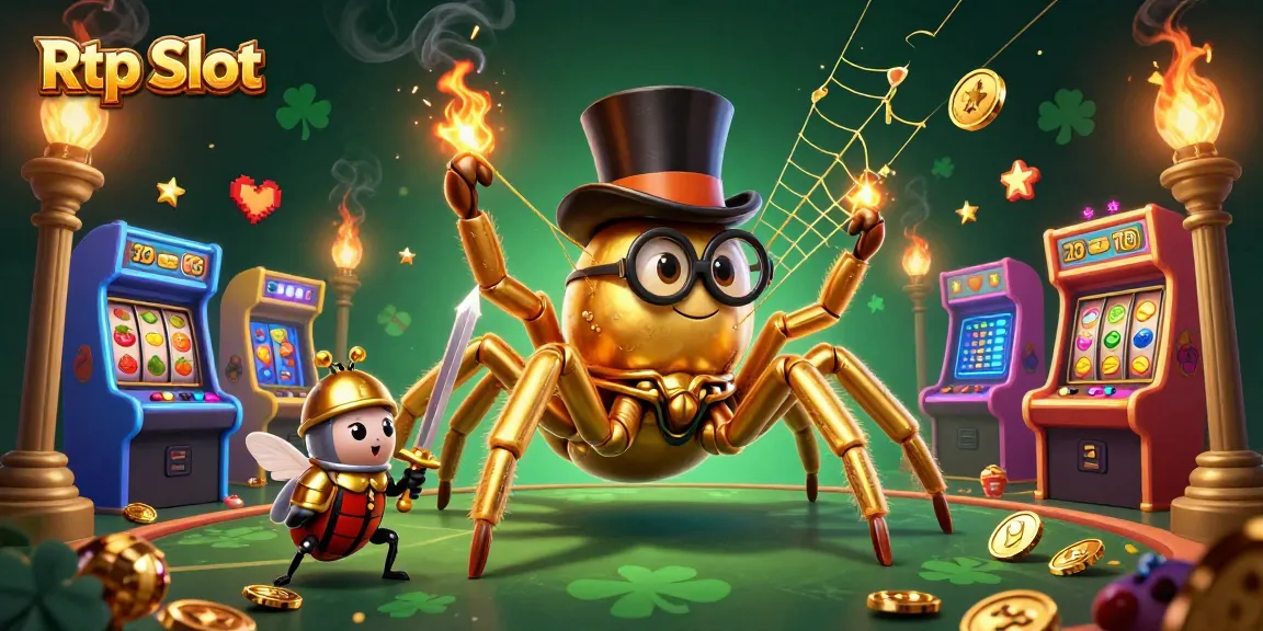 Engage with the vibrant Rtp Slot scene featuring a golden tarantula and beetle knight within an animated casino.