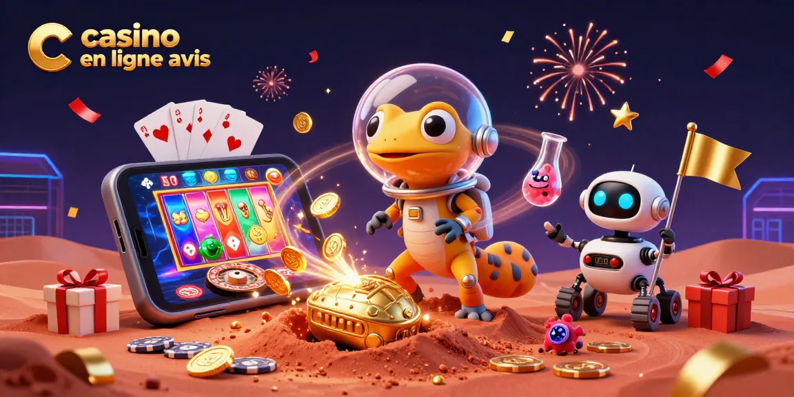 Profitez de l'expérience du casino avec l'illustration 3D du gecko martien et son smartphone affichant un jeu de casino en ligne avis.