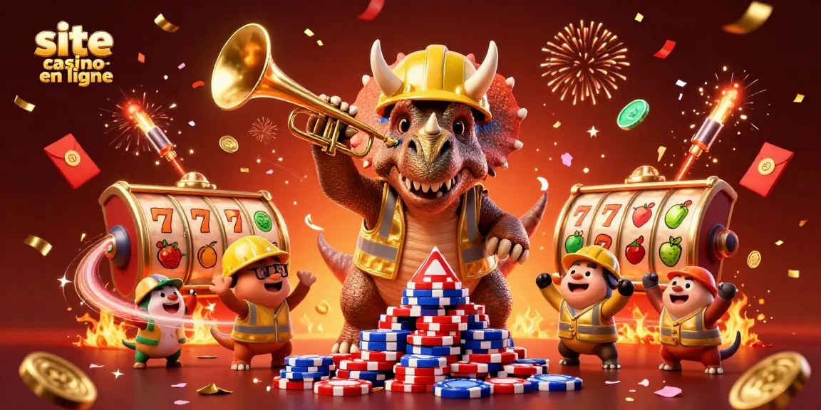 Jouez sur site casino en ligne avec une illustration festive de dinosaures autour de jetons de poker.
