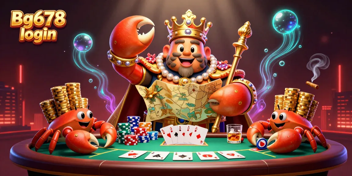 Engage with the exciting Bg678 login scene featuring a golden crab and poker elements.