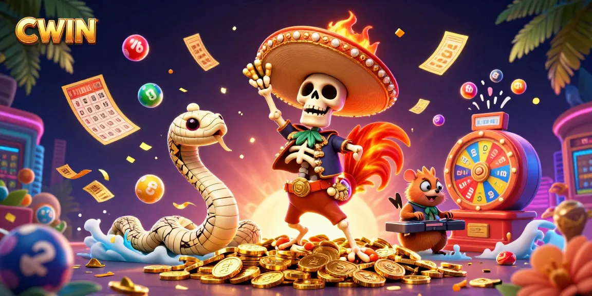 CWIN offers exciting gambling experiences with a lively scene featuring a mariachi rooster, mummy snake, and DJ hamster among vibrant lottery balls and golden prizes.