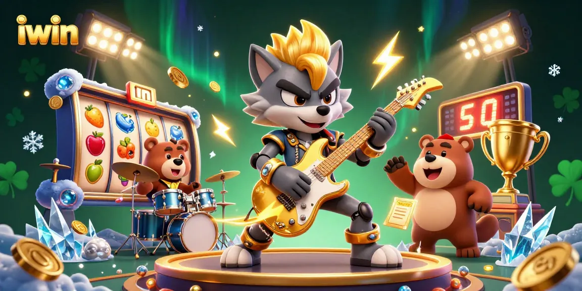 iwin promotes exciting slots with a cartoon rock star wolf and drummer bear in a vibrant casino scene.