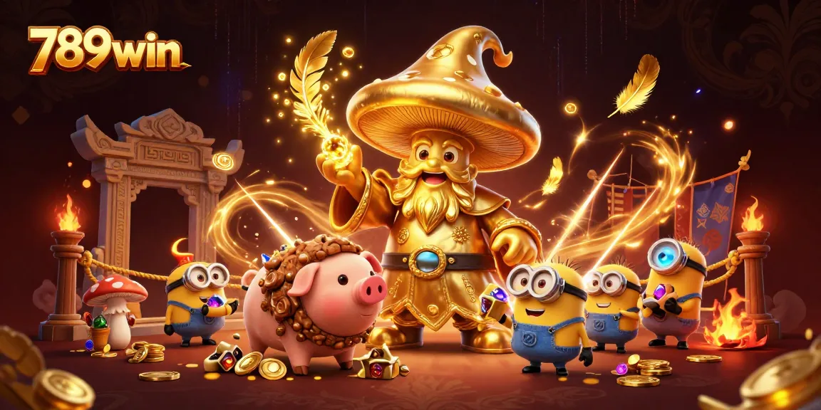 Experience the magic of 789win with a golden mushroom wizard and treasure-hunting pig, surrounded by casino elements.