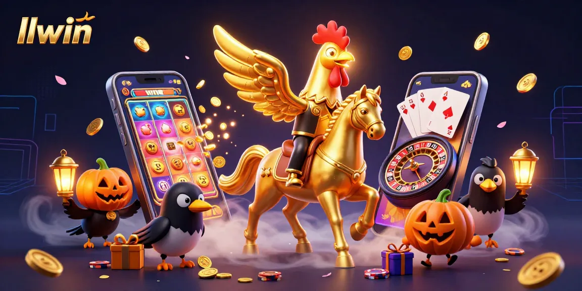 Experience thrilling moments in llwin's vibrant casino with golden rooster and gaming elements.