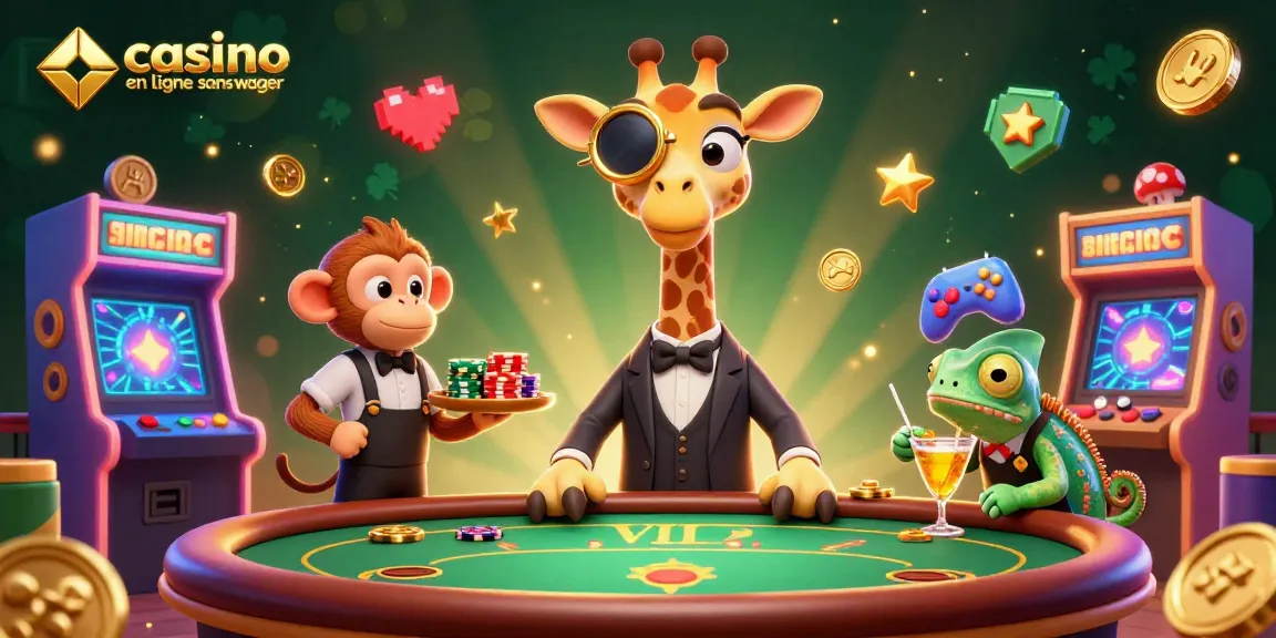 Profitez d'une illustration animée sur casino en ligne sans wager avec une girafe et un valet.