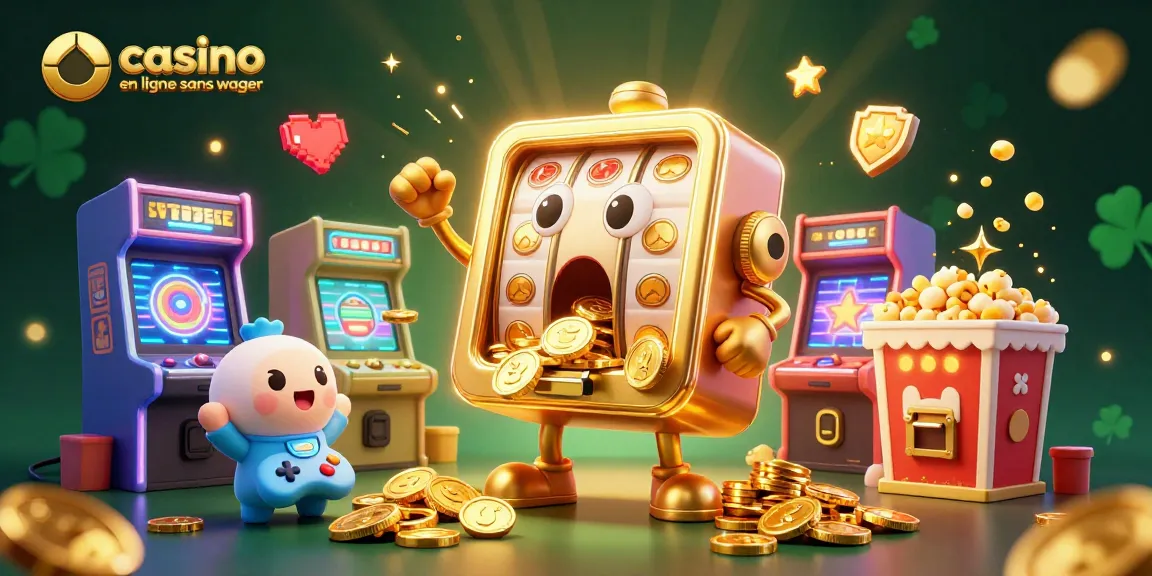Casino en ligne sans wager avec une machine à sous dorée gagnant un jackpot lors d'une scène dynamique.