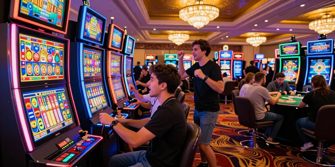 Excited players enjoying judi slot machines in a vibrant casino setting.