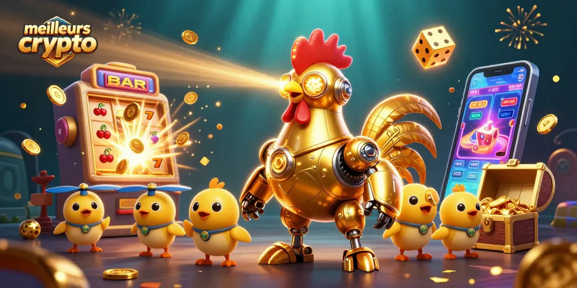 Découvrez les meilleurs casinos crypto avec un robot coq doré et des drones jouant aux machines à sous.