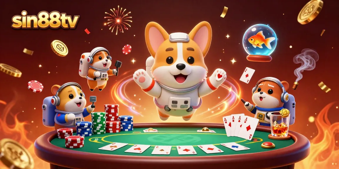Join the fun at sin88tv with a vivid casino-themed space scene, featuring a floating corgi astronaut.