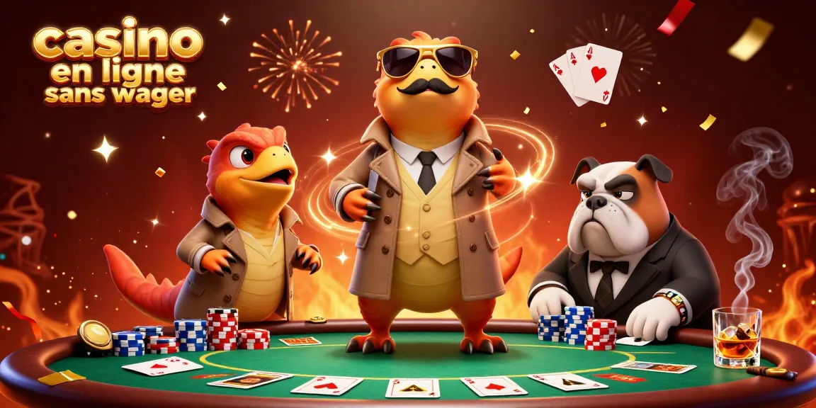 Illustration dynamique de raptors en trench coat dans un casino en ligne sans wager, entourés de jetons et cartes.