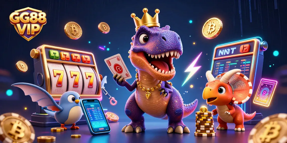Experience the excitement of GG88 VIP with vibrant casino elements and animated dinosaurs in a dynamic digital scene.