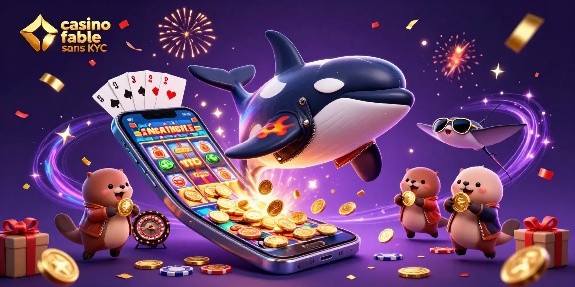 Illustration festive d'un casino fiable sans KYC avec orque et raie évoquant le jeu.