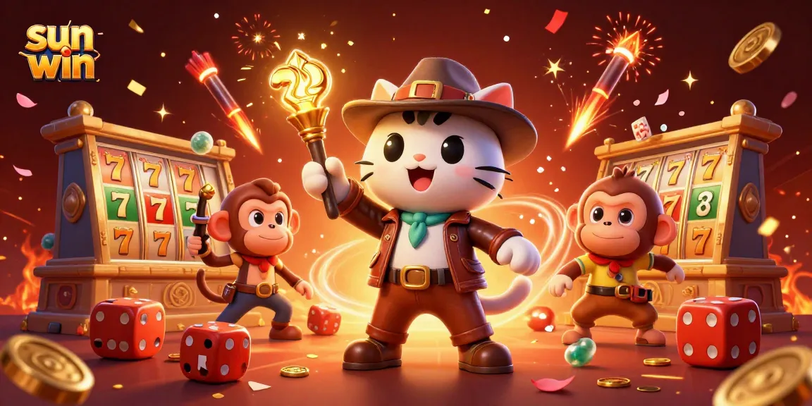 Experience thrilling wins at sun win with an adventurous explorer and vibrant casino elements.
