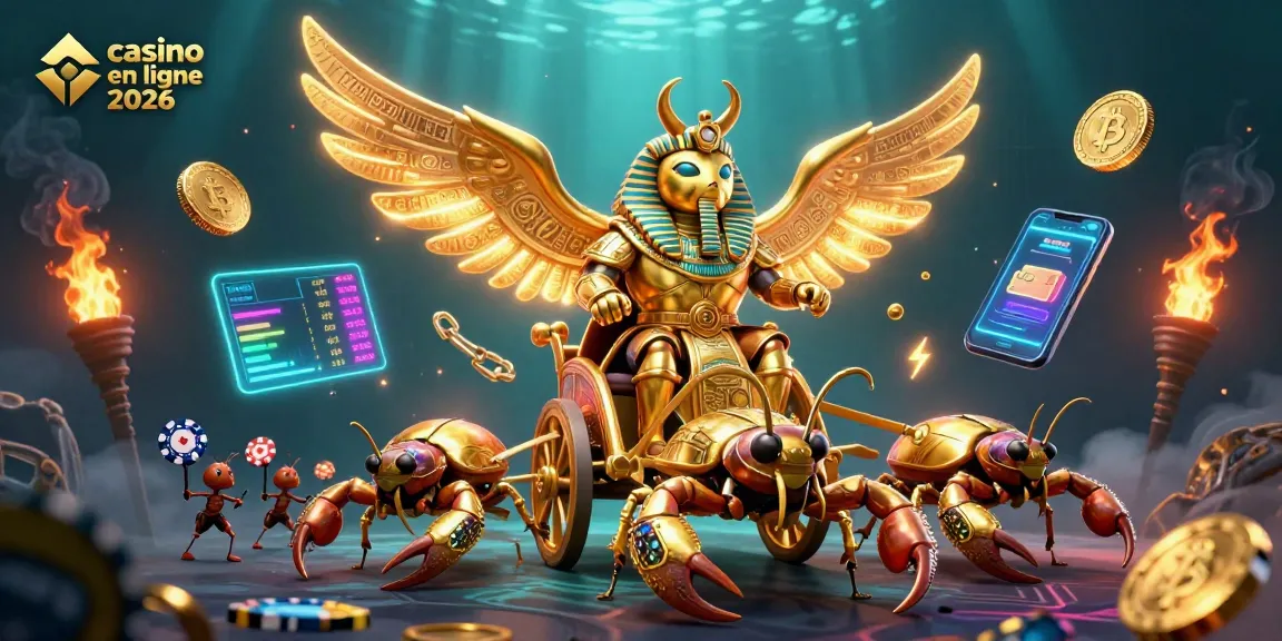 Plongez dans l'univers vibrant de casino en ligne 2026 avec un scarabée colossal et des scorpions en or.