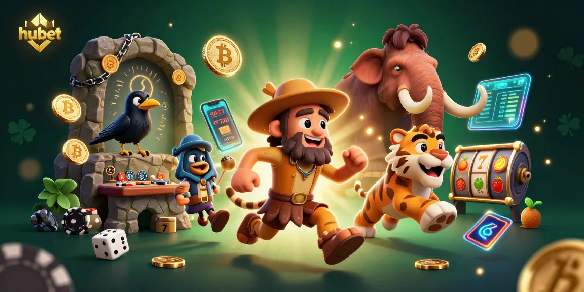 Experience thrilling gaming with hubet's vibrant prehistoric casino scene featuring classic slots and blockchain elements.