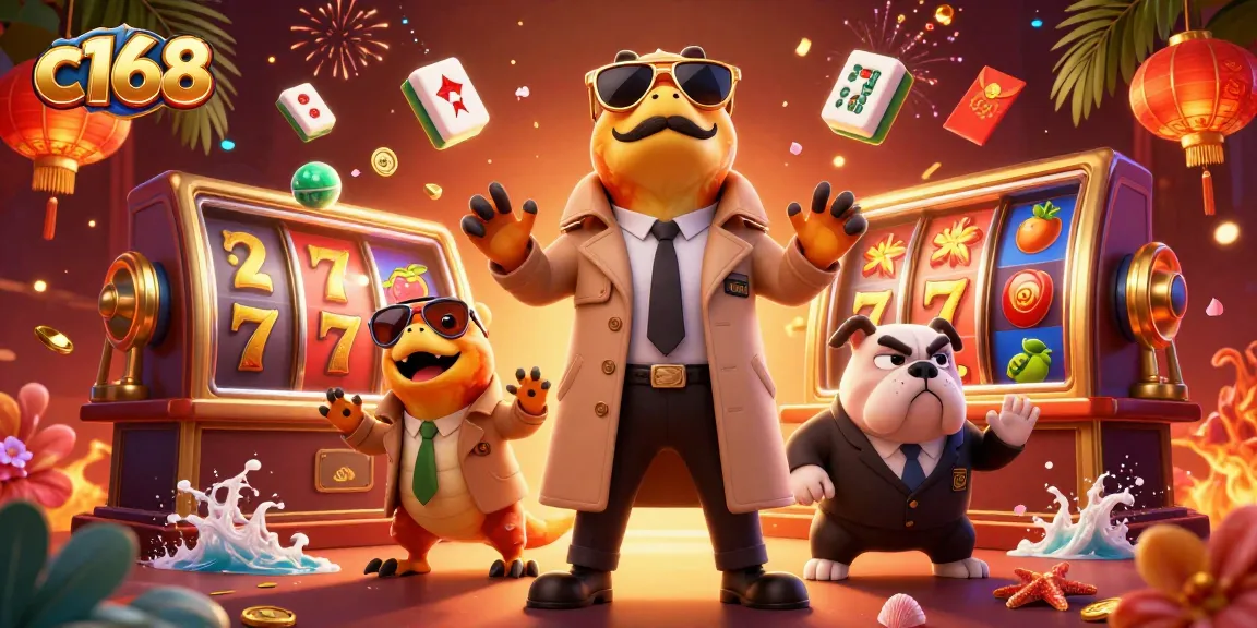 Experience c168's vibrant slots with raptors and a bouncer in this dynamic casino scene.
