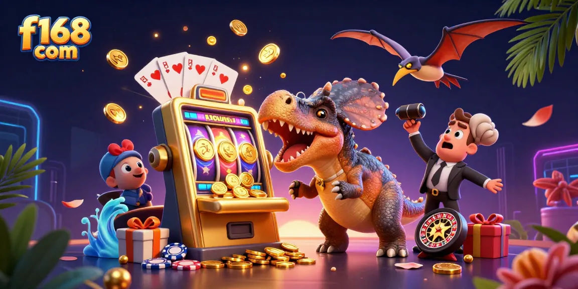 Watch f168 com’s thrilling 3D scene with dinosaurs and jackpots lighting up the casino atmosphere