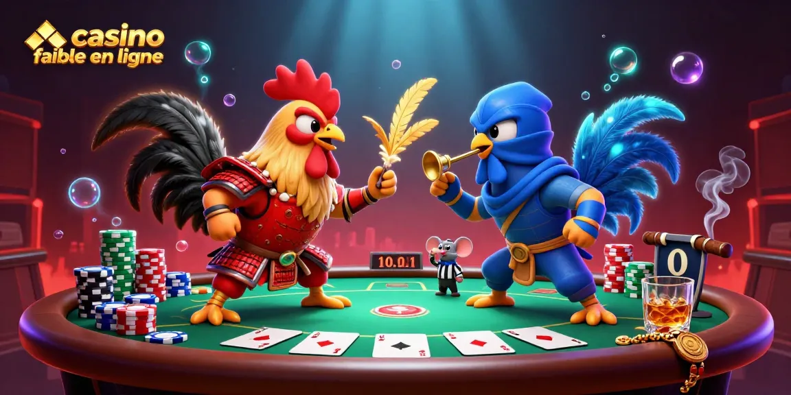 Illustration animée mettant en avant le casino fiable en ligne avec des coqs combattants et des jetons de poker colorés