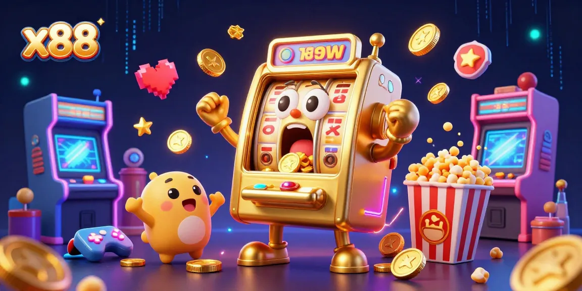 Experience the excitement of x88 with a golden slot machine hitting jackpots amidst vibrant arcade elements.