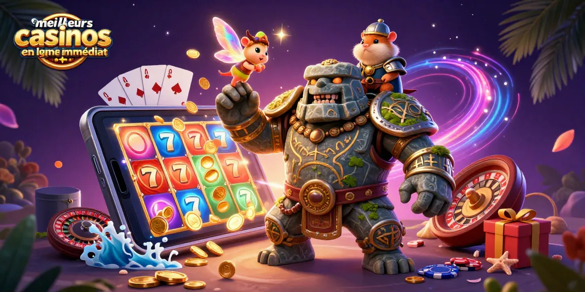 Découvrez les meilleurs casinos en ligne avec retrait immédiat, illustrant un golem gardien fantastique et un hamster chevalier dans un monde magique.