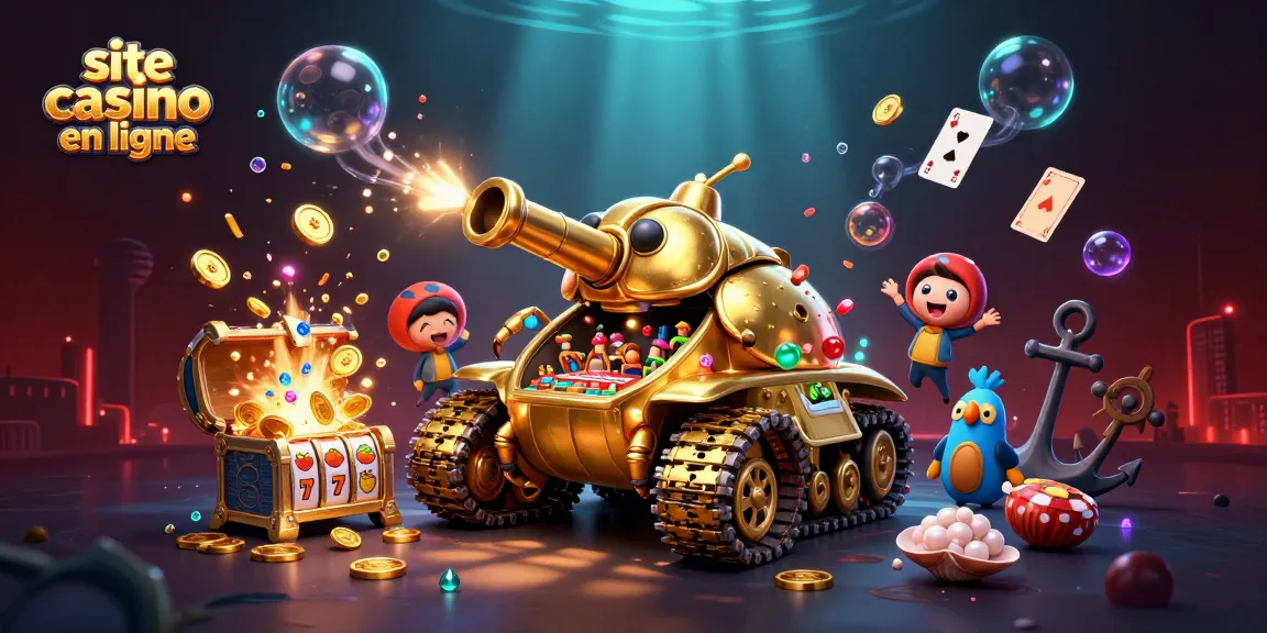 Jouer sur un site casino en ligne avec un tank doré révélant un mini casino et des trésors sous-marins.
