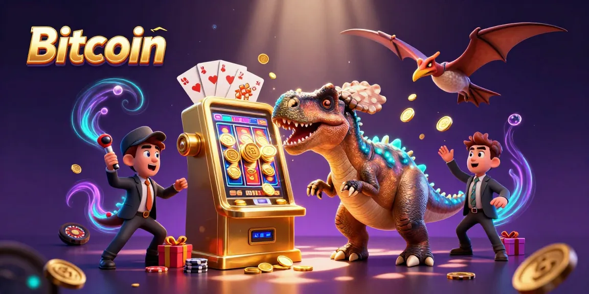 Jackpot au Bitcoin casino avec un pachycephalosaurus en action, des pièces d'or volantes et des éléments de jeu.