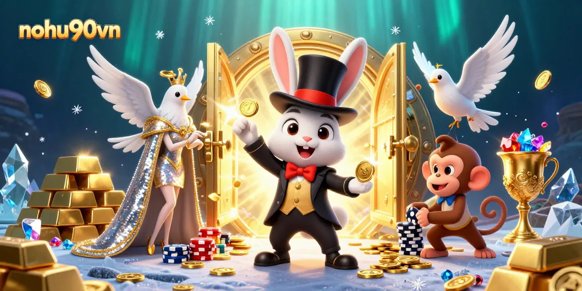 Nohu90vn showcases a magical casino scene with golden coins, poker chips, and sparkling gems in an illustration.